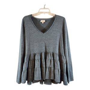 Deletta women's sz small Thea ruffle long sleeve top teal v neck Anthropologie